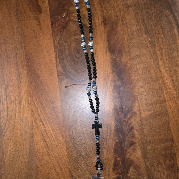 Real Onyx And Lapis 925 Silver Rosary with Cross Pendant (Real Stones) - Picture 1 of 7